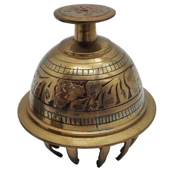 3 Brass Claw Bells Elephant Engraved Enameled Etched Vintage India Rustic Decor - Picture 5 of 15